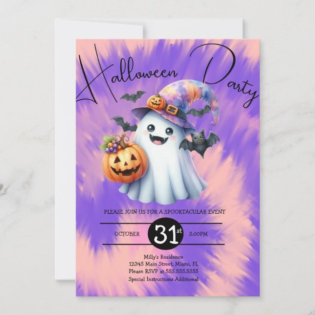 Invitation Fête de fantômes d'Halloween Tie Dye Dessin à la m (Devant)