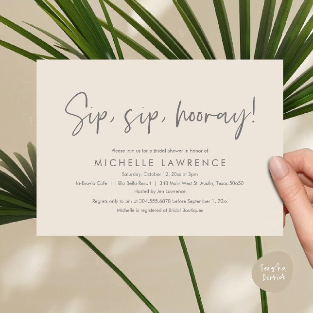 Invitation Fête de Fête des mariées moderne Décontractée, lud (Sip, Sip Hooray, Modern Casual, fun and playful Bridal Shower Party Invitation Card, PDF, Cream Grey)