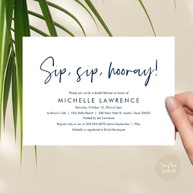 Invitation Fête de Fête des mariées moderne Décontractée, lud (Sip, Sip Hooray, Modern Casual, fun and playful Bridal Shower Party Invitation Card PDF Navy Blue)