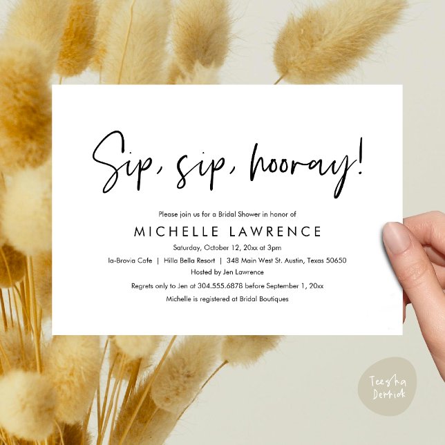 Invitation Fête de Fête des mariées moderne Décontractée, lud (Sip, Sip Hooray, Modern Casual, fun and playful Bridal Shower Party Invitation Card PDF Black White)