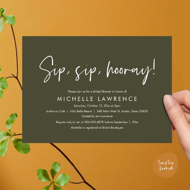 Invitation Fête de Fête des mariées moderne Décontractée, lud (Sip, Sip Hooray, Modern Casual, fun and playful Bridal Shower Party Invitation Card, PDF Olive Green)