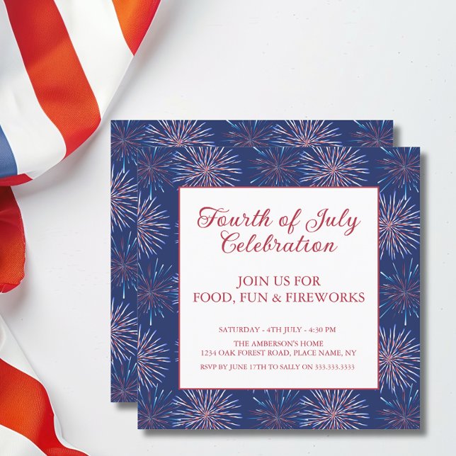Invitation Fête de feux d'artifice patriotique moderne du 4 j (Personalize with your details via the template.)