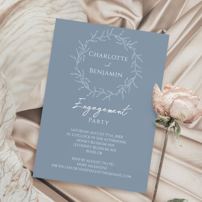 Invitation Fête de fiançailles à feuille minimale bleu poussi (Créateur téléchargé)