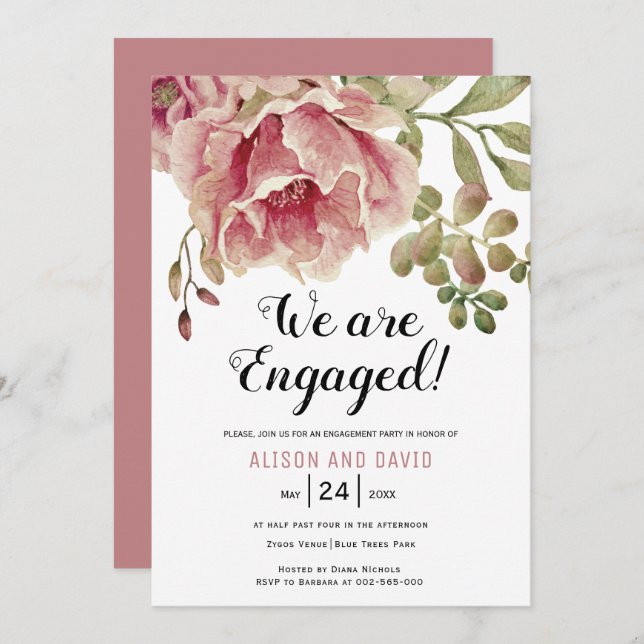 Invitation Fête de fiançailles à fleurs rose rose Dusty (Devant / Derrière)