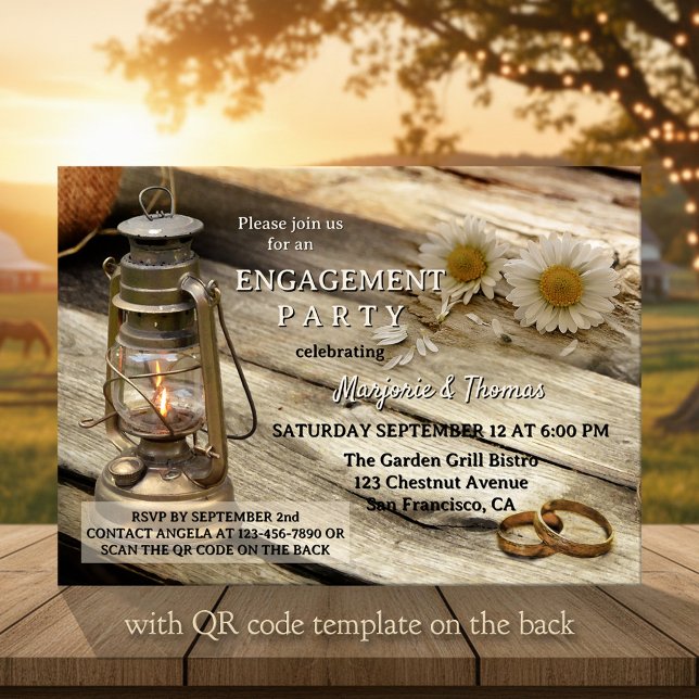 Invitation Fête de fiançailles à la campagne rustique  (Engagement invitation in a country style with a rustic wood table with lantern, rings and daisies)