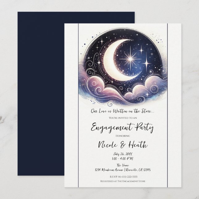 Invitation Fête de fiançailles à la lune en aquarelle écrite  (Devant / Derrière)