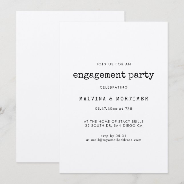 Invitation Fête de fiançailles à la machine à écrire minimali (Devant / Derrière)