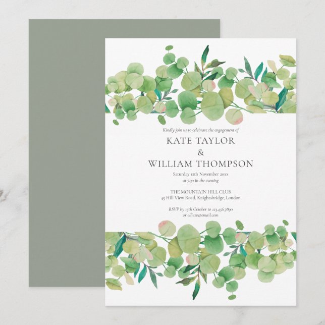 Invitation Fête de fiançailles à la verdure d'eucalyptus aqua (Devant / Derrière)