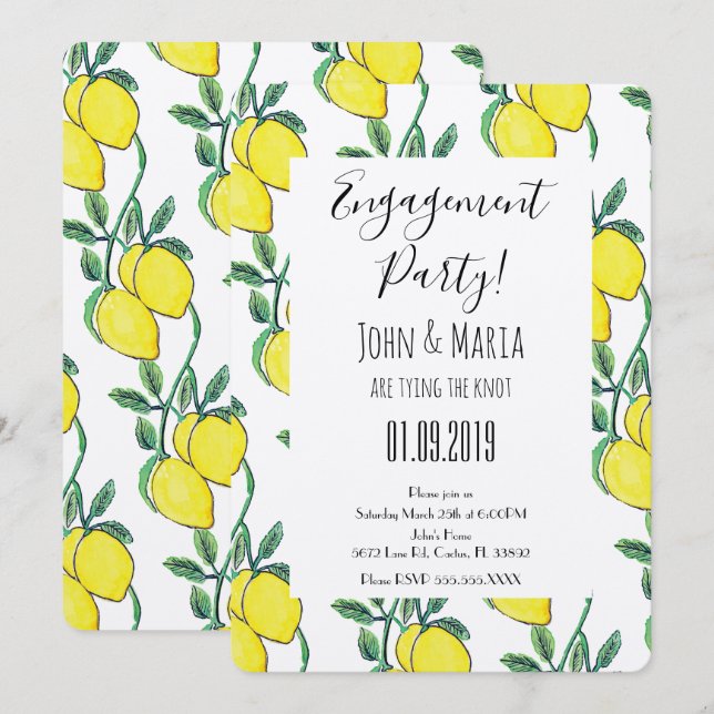 Invitation Fête de fiançailles à la vigne de citron à l'aquar (Devant / Derrière)
