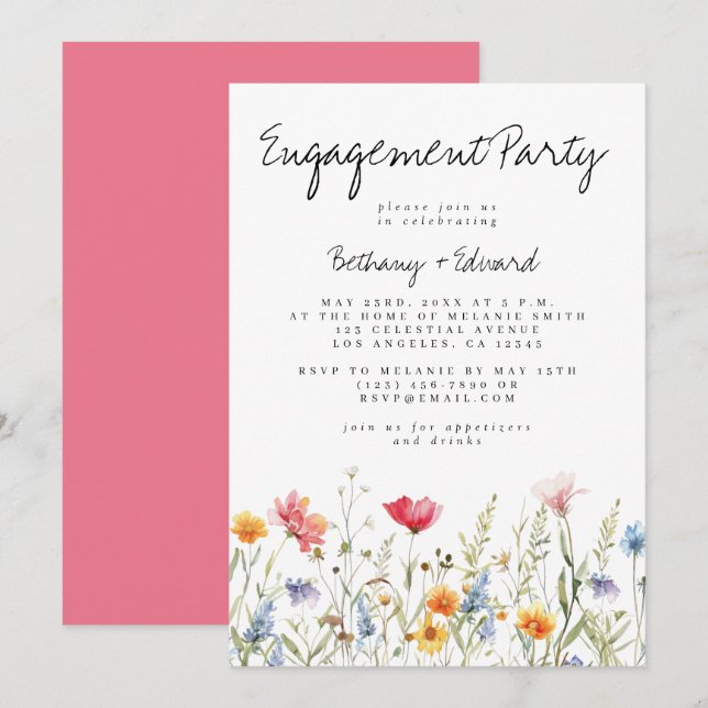 Invitation Fête de fiançailles à l'aquarelle avec des fleurs  (Devant / Derrière)