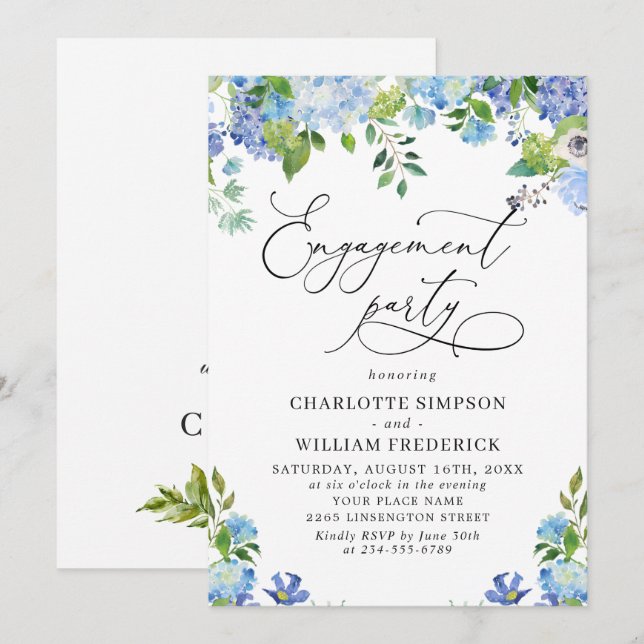Invitation Fête de fiançailles à l'aquarelle avec hydrangea b (Devant / Derrière)