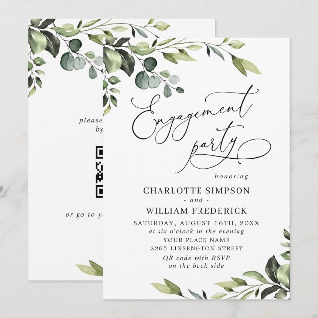 Invitation Fête de Fiançailles à l'aquarelle d'Eucalyptus Élé (Devant / Derrière)