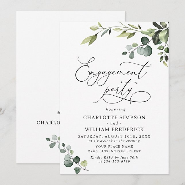 Invitation Fête de fiançailles à l'aquarelle d'eucalyptus élé (Devant / Derrière)