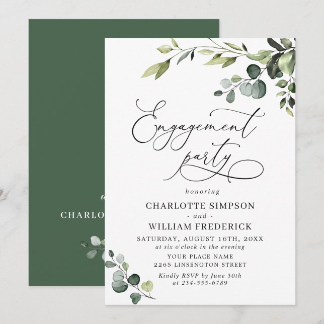Invitation Fête de fiançailles à l'aquarelle d'eucalyptus élé (Devant / Derrière)