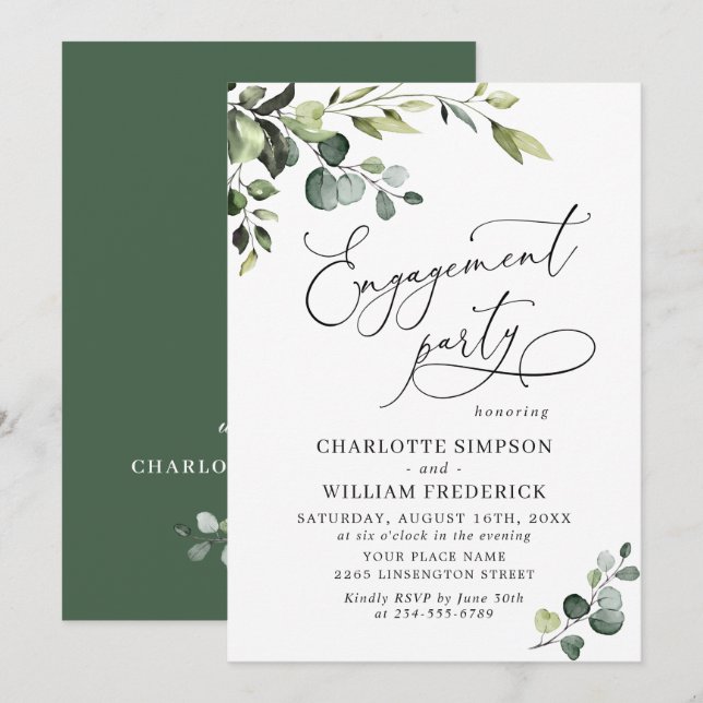 Invitation Fête de Fiançailles à l'aquarelle d'eucalyptus élé (Devant / Derrière)