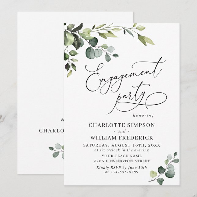 Invitation Fête de Fiançailles à l'aquarelle d'eucalyptus élé (Devant / Derrière)