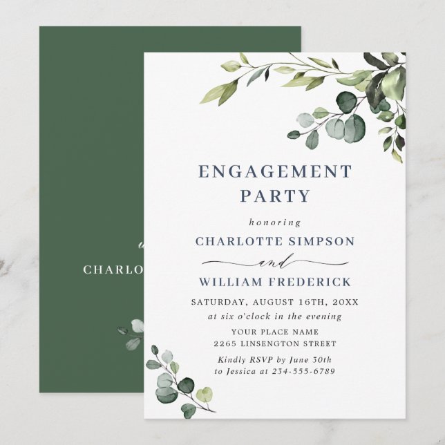 Invitation Fête de Fiançailles à l'aquarelle d'eucalyptus élé (Devant / Derrière)