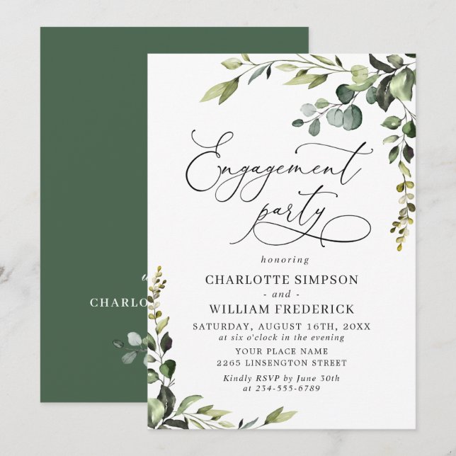 Invitation Fête de Fiançailles à l'aquarelle d'Eucalyptus Élé (Devant / Derrière)