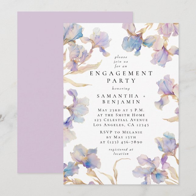 Invitation Fête de fiançailles à l'aquarelle florale Iris élé (Devant / Derrière)