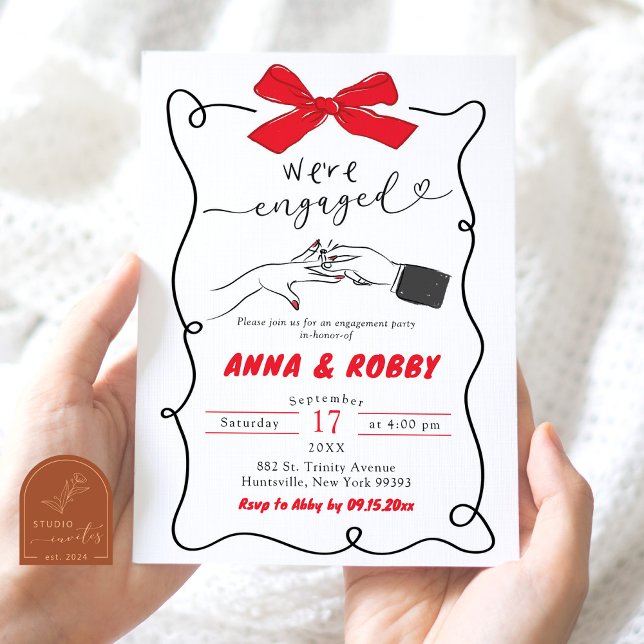 Invitation Fête de fiançailles à l'arc rouge dessiné à la mai (Créateur téléchargé)
