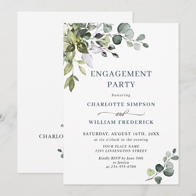 Invitation Fête de fiançailles à l'eucalyptus aquarelle (Devant / Derrière)