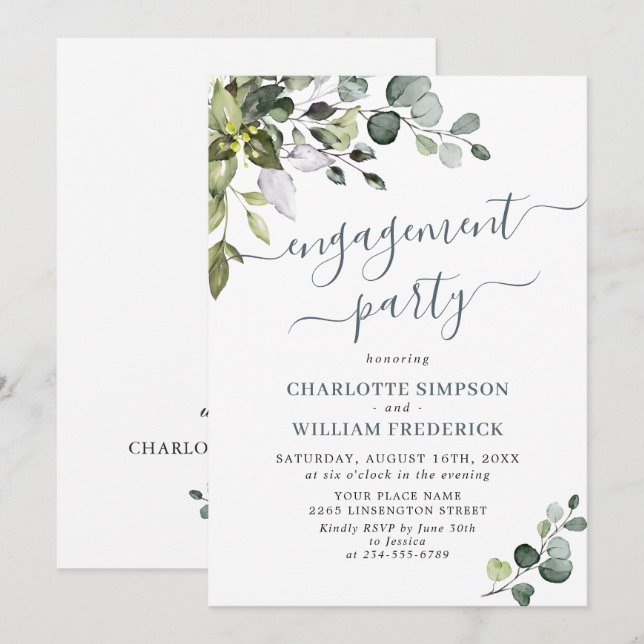 Invitation Fête de fiançailles à l'eucalyptus aquarelle (Devant / Derrière)