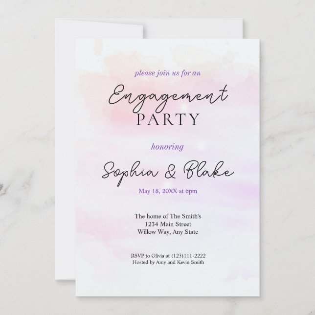 Invitation Fête de Fiançailles Abstrait Aquarelle Rose et Vio (Devant)