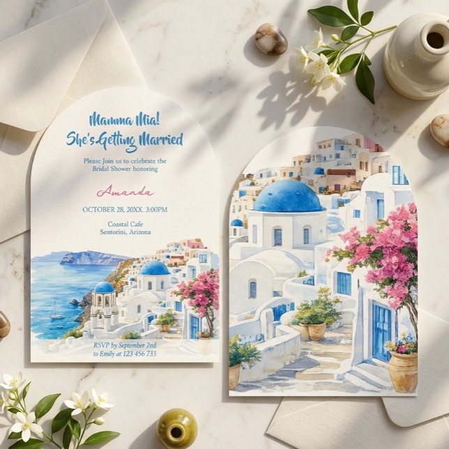 Invitation Fête de Fiançailles Aquarelle Côtière Santorin Grè (Créateur téléchargé)