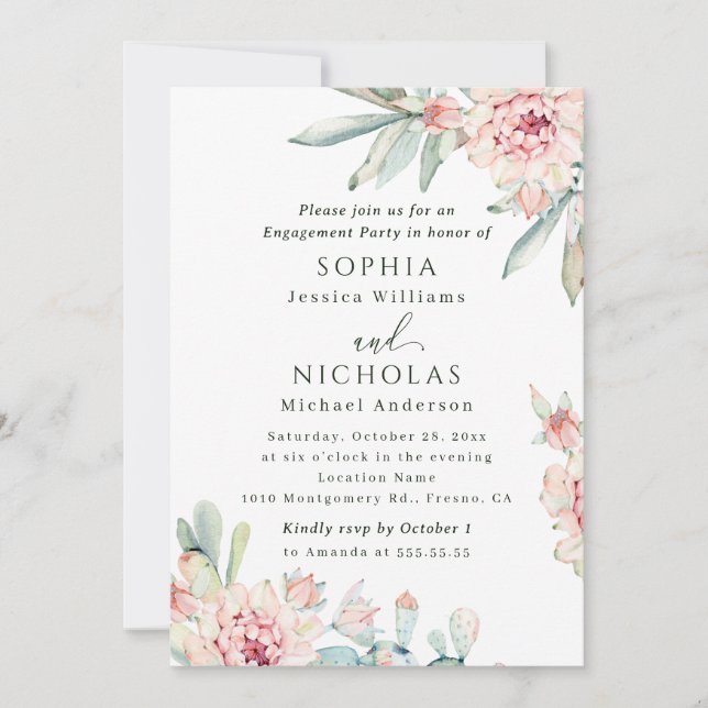 Invitation Fête de fiançailles aquarelle florale. Botanique b (Devant)