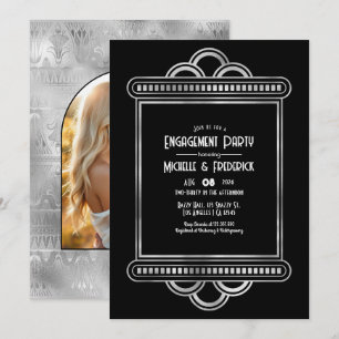 Invitation Fête de fiançailles Art Déco Black & Silver Gatsby