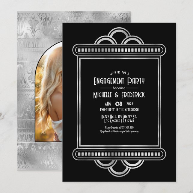 Invitation Fête de fiançailles Art Déco Black & Silver Gatsby (Devant / Derrière)