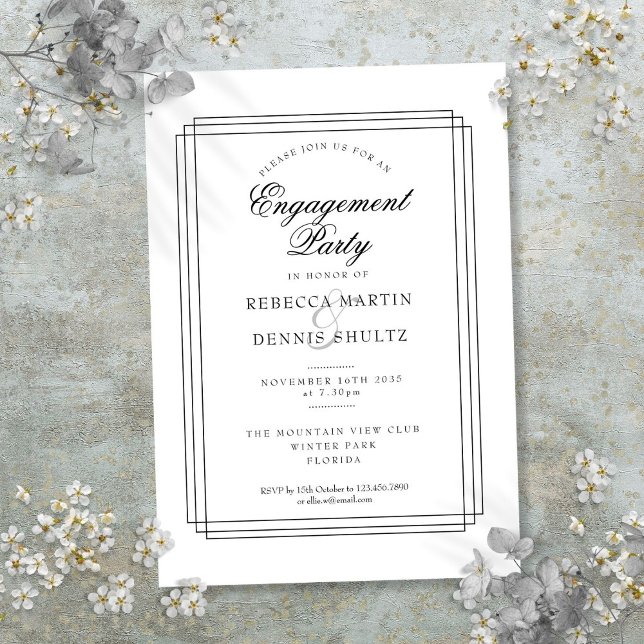 Invitation Fête de fiançailles Art Déco noir et blanc (Art Deco Black and White Engagement Party Invitation)