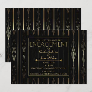 Invitation Fête de Fiançailles Art Déco Noir et Or