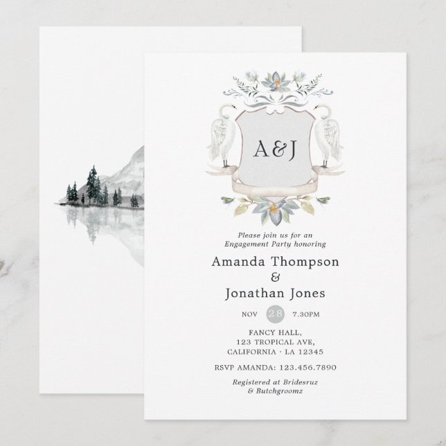 Invitation Fête de fiançailles au bord du lac avec monogramme (Devant / Derrière)