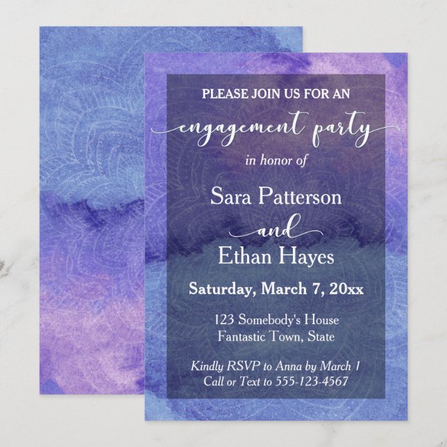 Invitation Fête de fiançailles au mandala aquarelle violet (Devant / Derrière)