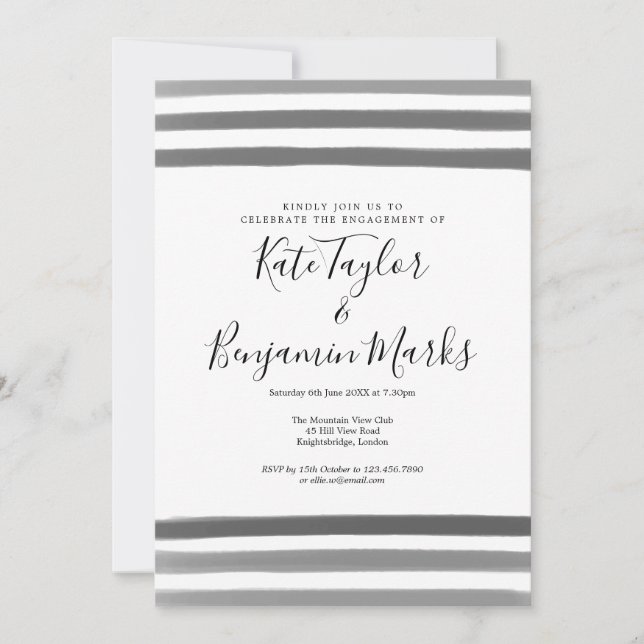 Invitation Fête de fiançailles aux aquarelles modernes noir e (Devant)