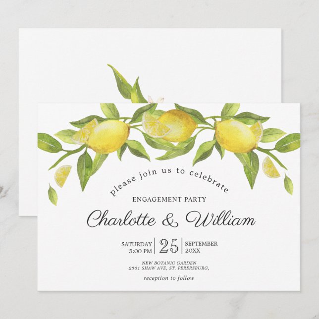 Invitation Fête de fiançailles aux citrons en fleurs et verdu (Devant / Derrière)