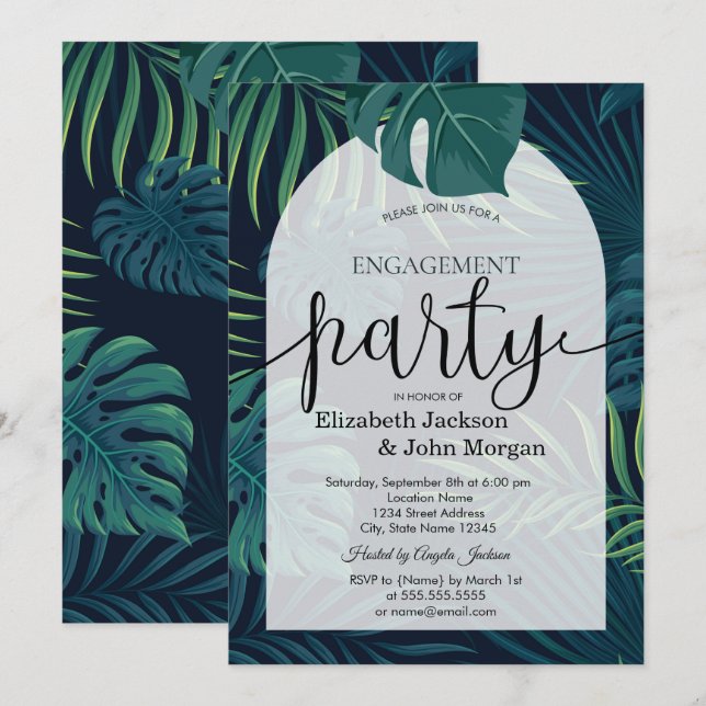 Invitation Fête de fiançailles aux feuilles de palmier exotiq (Devant / Derrière)