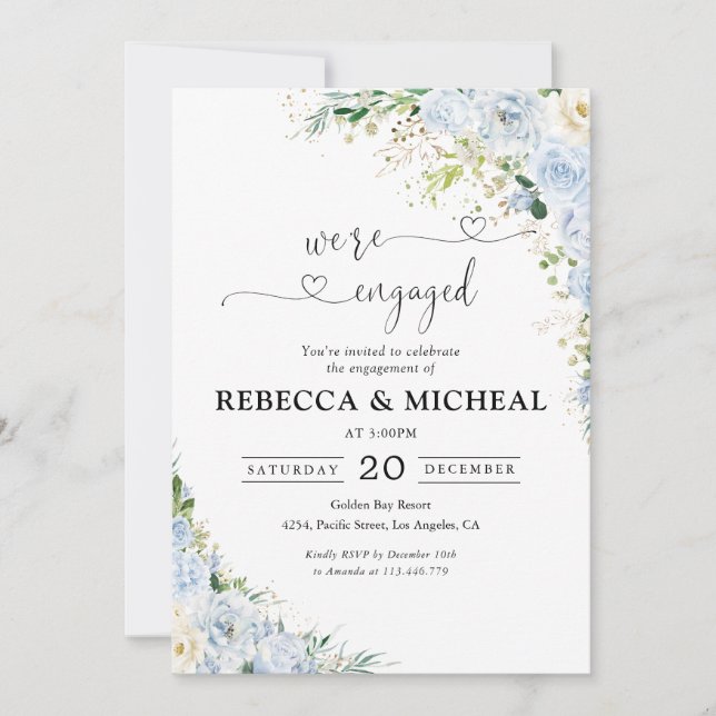 Invitation Fête de fiançailles aux fleurs de eucalyptus bleu  (Devant)