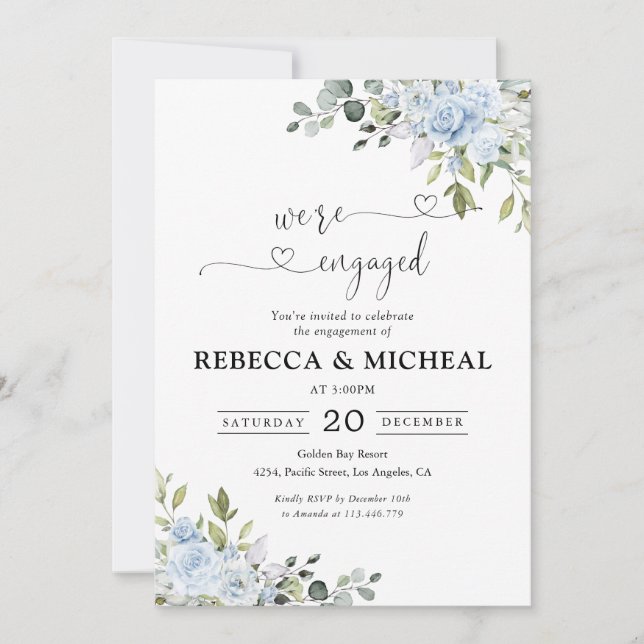 Invitation Fête de fiançailles aux fleurs de eucalyptus bleu  (Devant)