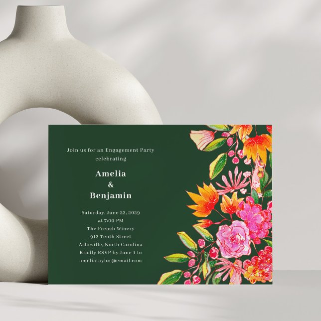 Invitation Fête de fiançailles aux fleurs roses et vertes mod (Créateur téléchargé)