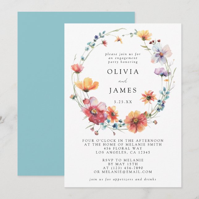 Invitation Fête de fiançailles aux fleurs sauvages aquarelle (Devant / Derrière)