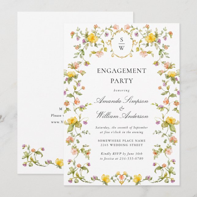 Invitation Fête de Fiançailles aux fleurs sauvages aquarelle  (Devant / Derrière)