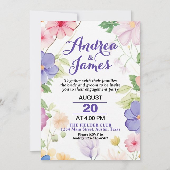 Invitation Fête de fiançailles aux fleurs sauvages pastel ros (Devant)