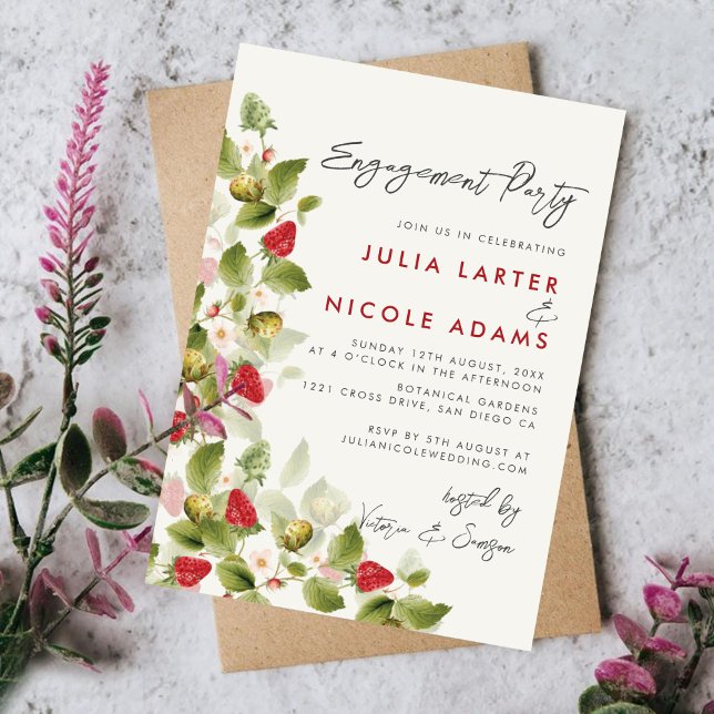 Invitation Fête de fiançailles aux fraises de fleurs sauvages (Créateur téléchargé)