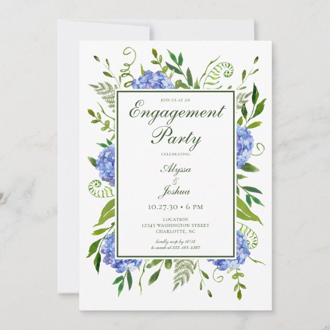 Invitation Fête de fiançailles aux Hortensias Bleus (Devant)
