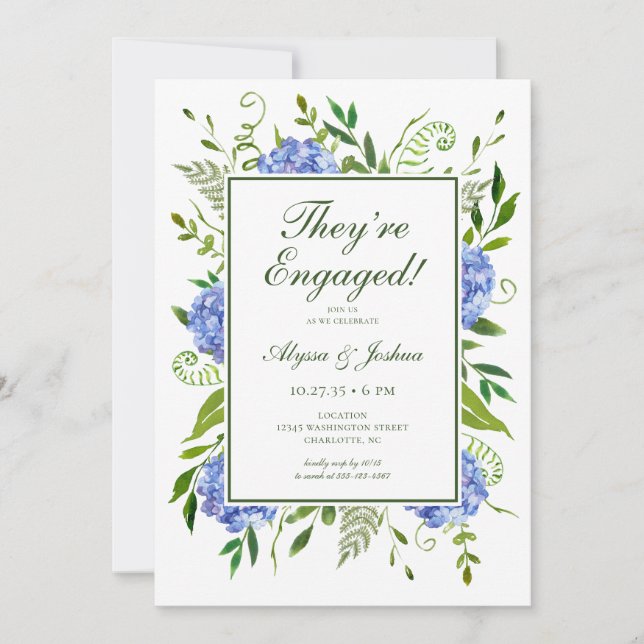 Invitation Fête de fiançailles aux Hortensias Bleus (Devant)