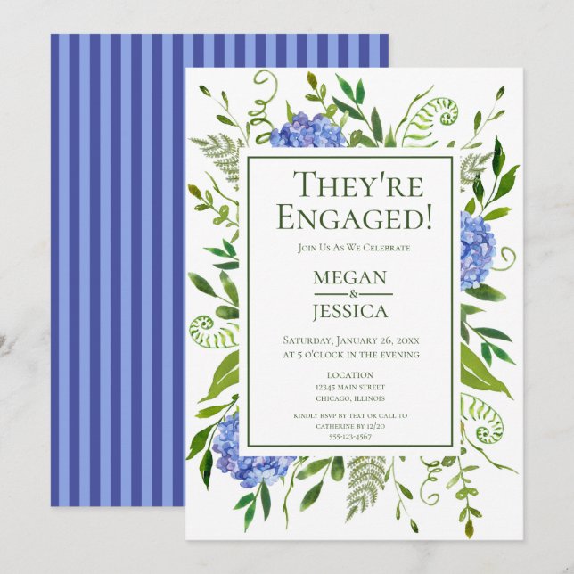 Invitation Fête de fiançailles aux Hortensias Bleus (Devant / Derrière)