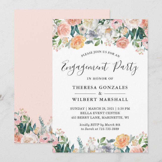 Invitation Fête de fiançailles aux roses de jardin (Devant / Derrière)