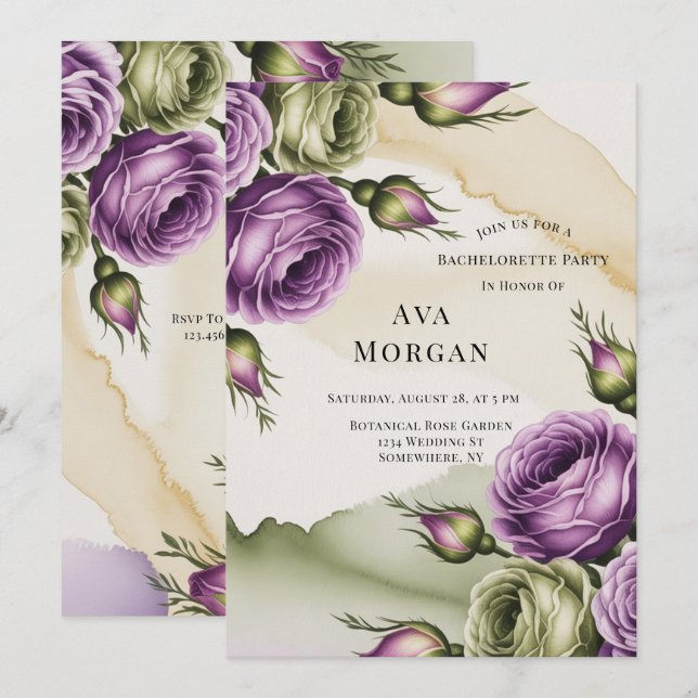 Invitation Fête de Fiançailles aux Roses Violettes et Vert Sa (Devant / Derrière)